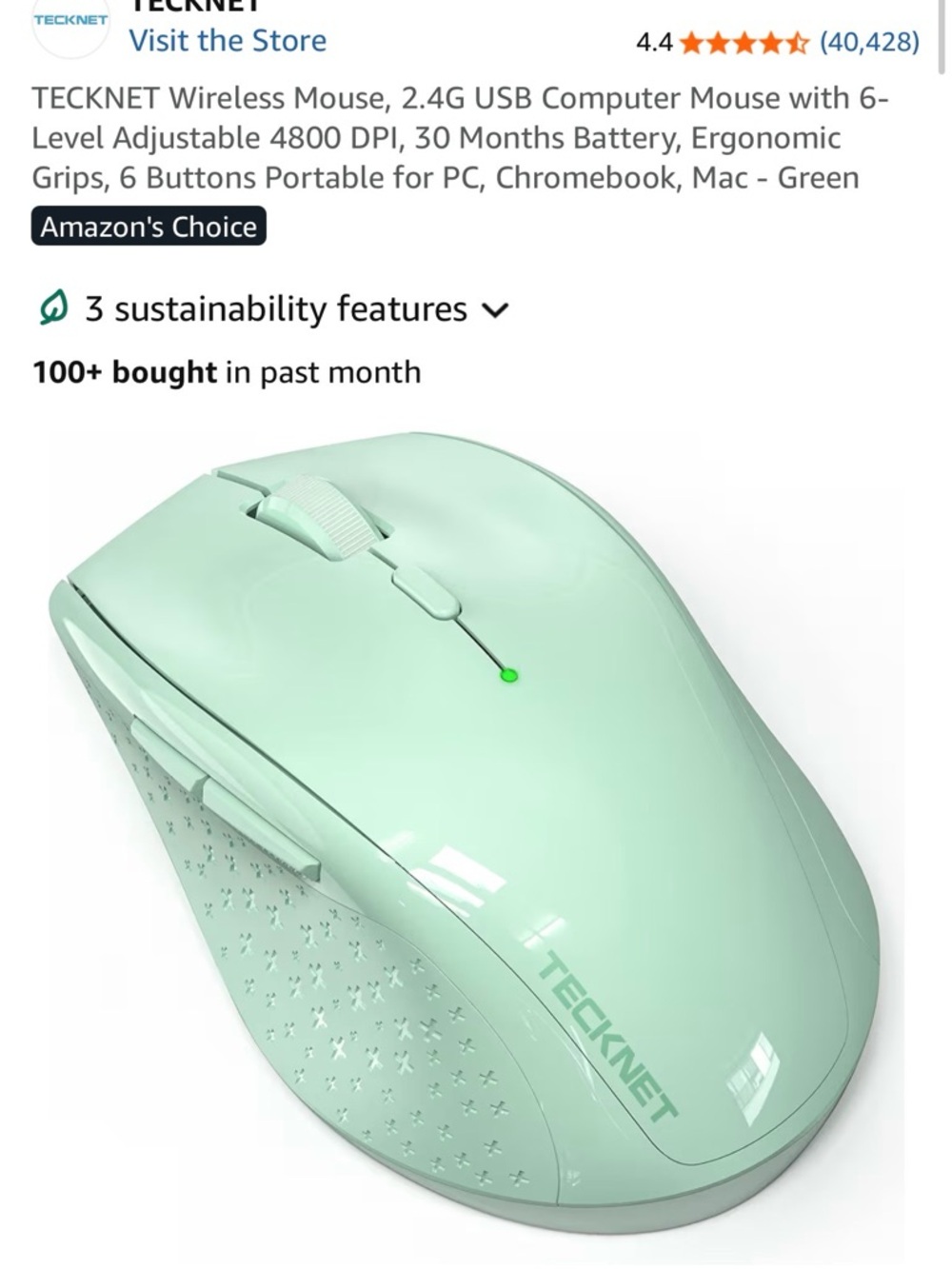 TECKNET Wireless Mint Green Ergonomic Mouse